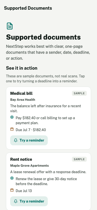 NextStep document examples screen